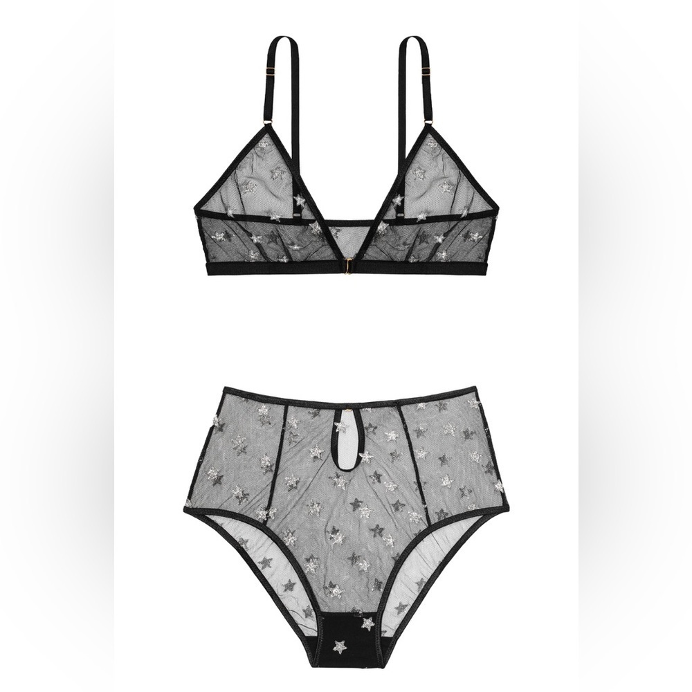 New Le Petit Trou Set Black Sheer Silver Star Embellished Lingerie Set